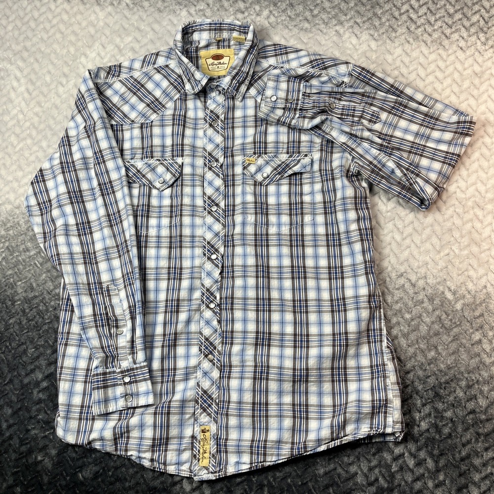 Larry Mahan Shirt Mens XL Plaid Blue Pearl Snap Cowboy Collection